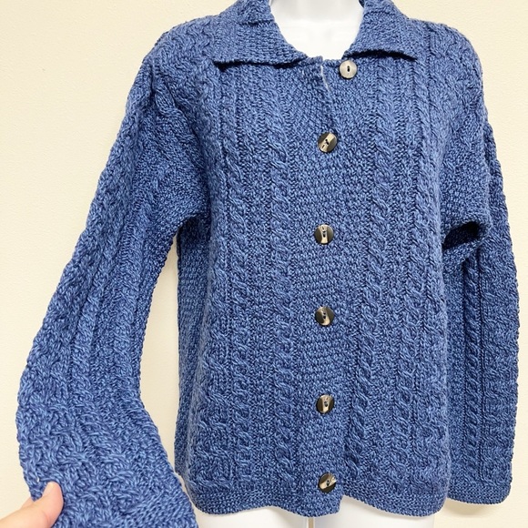 Aran Crafts Ireland Womens Blue 100% Merino Wool Chunky Knit Cardigan Size S - Picture 4 of 8